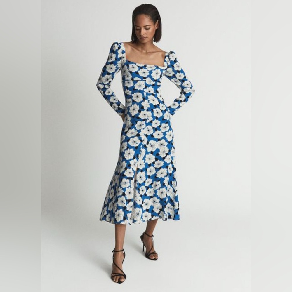 REISS Blue Floral Midi Dress Square Neck Puff Sleeve – NWT Size US 4